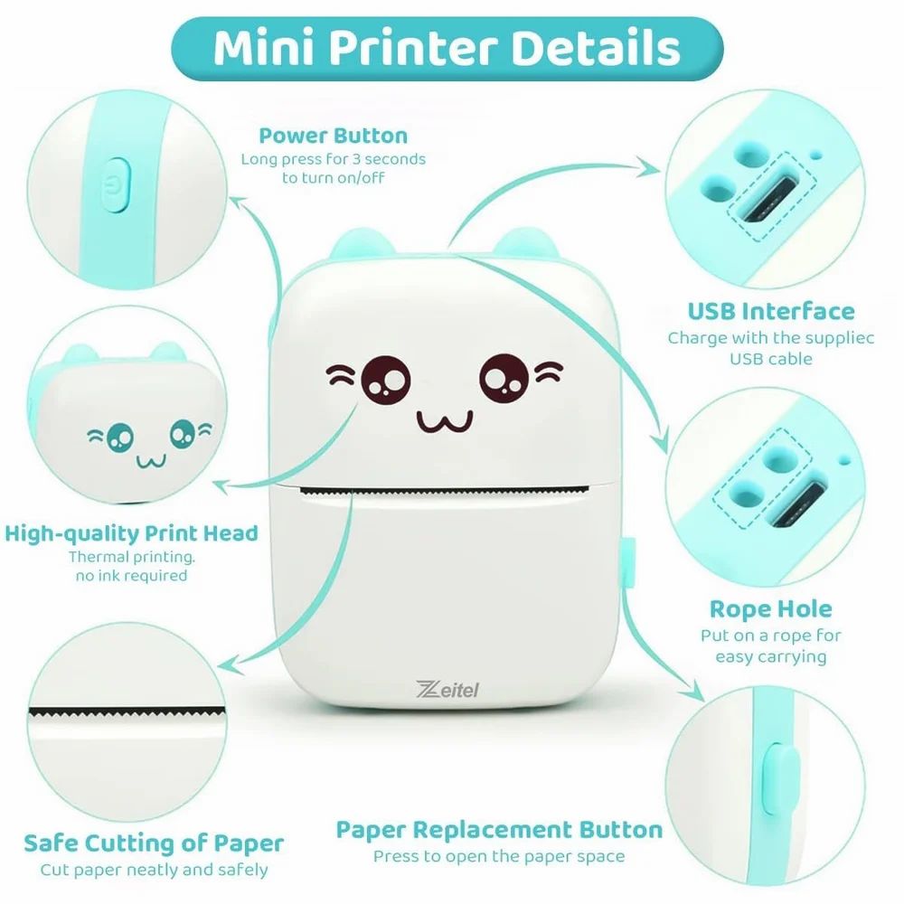 Portable Inkfree kids Printer for Android & iOS System Bluetooth Thermal Printer
